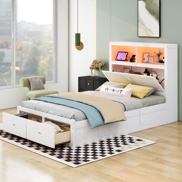 Full Size Platform Bed with Storage Shelves Headboard, Hydraulic Storage Cabinets and 2 Drawers Underneath, Wood Lift Up Bed Frame with LED Light and Charging Station, White - Image 2