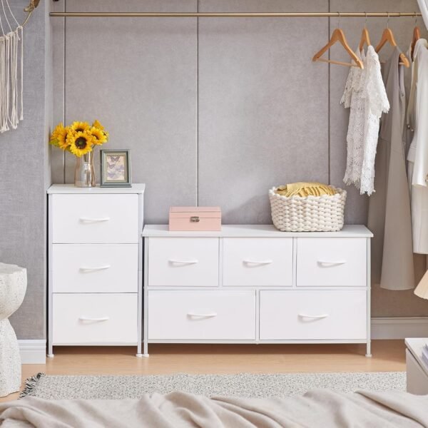 Somdot White Nightstand, 3 Drawer Dresser for Bedroom, Bedside Table Night Stand End Table with Fabric Bins for Bedroom Nursery Closet Dorm Living Room, White Leather - Image 8
