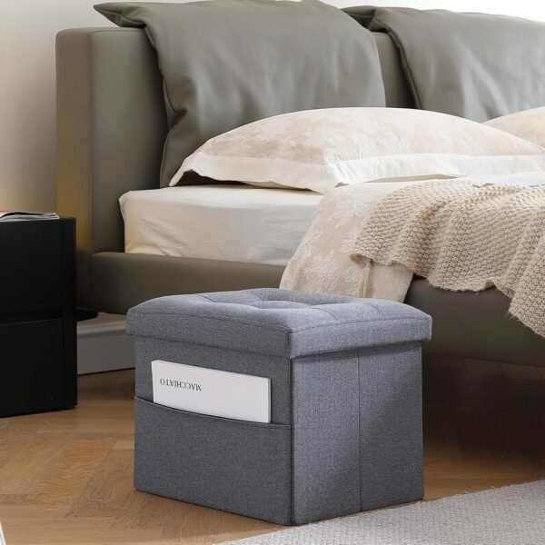 Ottoman Storage Ottoman Collapsible Ottoman with Storage Foot Rest Small Ottoman with Side Pocket Foot Stools for Living Room Grey L17W13H13inches - Image 4