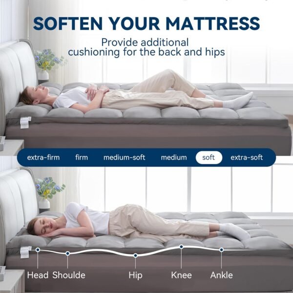 BDEUS Twin XL Mattress Topper, 1450 GSM Plush Pillow Top for College Dorm, Quilted Mattress Protector with 8-21" Deep Pocket, Twin Extra Long Mattress Pad Fitted Dorm Room Essentials - 39"x 80" Grey - Image 4