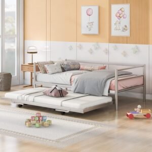 Twin Size Daybed with Foldable Adjustable Trundle,Multi-Function Wooden Bed Frame,w/Solid Metal Slats Provide Stable Support,for Dorm,Apartment,Studio,Office,Silver