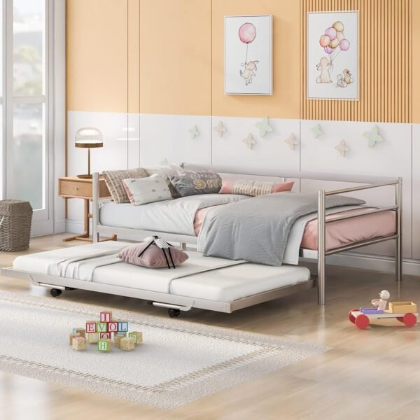 Twin Size Daybed with Foldable Adjustable Trundle,Multi-Function Wooden Bed Frame,w/Solid Metal Slats Provide Stable Support,for Dorm,Apartment,Studio,Office,Silver