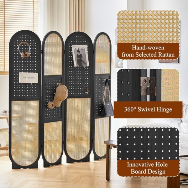 Pegboard Room Divider Panel, Rattan Room Dividers and Folding Privacy Screens, 4 Panel Pegboard Display with 16 Hooks, Wood Room Divider Wall for Jewelry Store, Bazaar, Bedroom, Black - Image 2