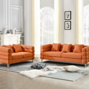KINFFICT 2 Piece Living Room Sofa Set, Comfy Boucle Couch with Loveseat and 3 Seater, Upholstered Sofa Couch with 2 Pillows and Deep Seat Design for Office, Waiting Room, Orange Teddy