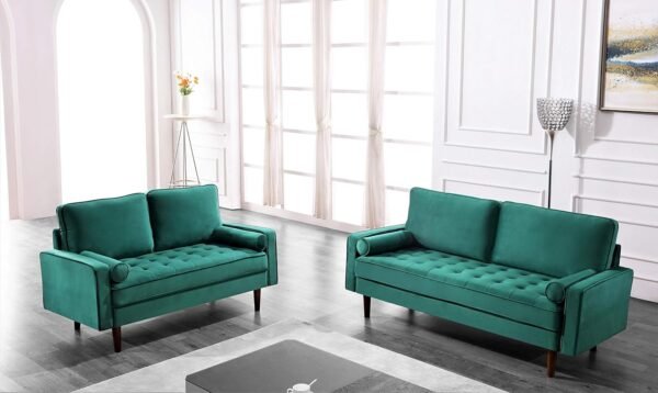 Womble 58 Inch Velvet Loveseat Sofa with Elegant Button Tufted Upholstery, Square Arms, Splayed Wood Legs, Includes Matching Bolster Pillows, Grass Green - Image 4