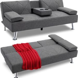 VECELO Modern Convertible Folding Futon Sofa Bed Breathable Linen Recliner Couch for Living Room/Apartment Lounge, 2 Cup Holders, Grey