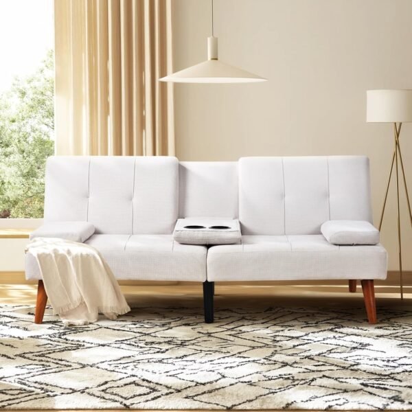 COLAMY Futon Sofa Bed-Fabric Small Futon Couch, Futon Lounge Sofa, Futon Convertible with Cup Holder, Removable Armrest, Adjustable Backrest Beige - Image 10