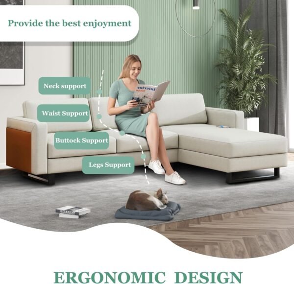 KYLE & KAY Modern Sectional Sofa, 3 Seat L Shaped Couch with Chaise Longue and USB, Upholstered Small Couch for Small Apartments, Living Room and Office, Off-White - Image 6
