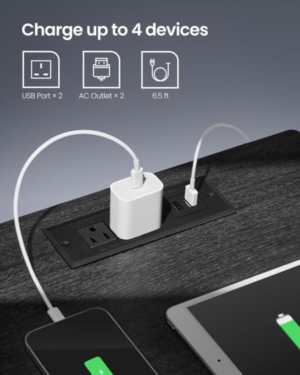 VASAGLE Nightstand with Charging Station, Side End Adjustable LED Lights, Bedside Table with Drawer 2 AC Outlets, 2 USB Ports, Modern, for Bedroom, 13.7" D x 15.7" W x 21.7" H, Black - Image 5