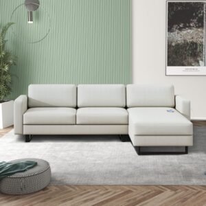 KYLE & KAY Modern Sectional Sofa, 3 Seat L Shaped Couch with Chaise Longue and USB, Upholstered Small Couch for Small Apartments, Living Room and Office, Off-White