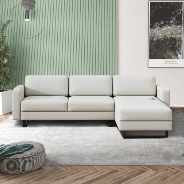 KYLE & KAY Modern Sectional Sofa, 3 Seat L Shaped Couch with Chaise Longue and USB, Upholstered Small Couch for Small Apartments, Living Room and Office, Off-White
