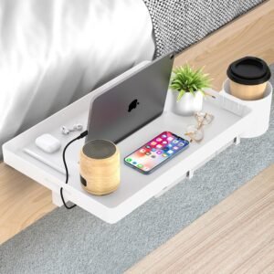 Bedside Shelf for Bunk Bed, College Dorm Room Essentials with Removable Handing Cup & Cable Catch, White Clip on Floating Nightstand for Top Bunk Loft Bed Accessories, Bedside Table Tray for Students