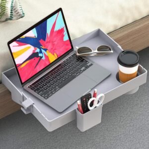 SOLEJAZZ Bedside Shelf for Bed, Folding Bunk Bed Shelf for Top Bunk Clip On Nightstand College Dorm Room Essential Table Caddy Bedside Night Stand Shelf with Hooks, Cup & Cord Holder, Plus Size, Grey