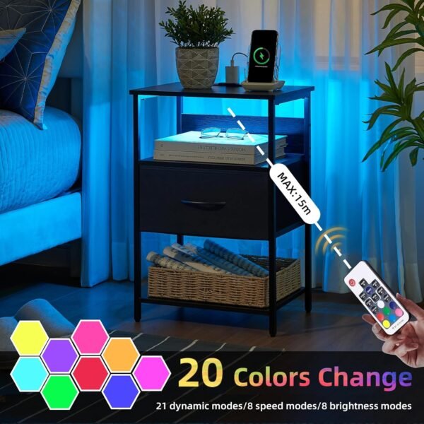 Somdot Black Nightstand with Charging Station and LED Light for Bedroom, Bedside Table End Table for Dorm Living Room Bedside Nursery Laundry Closet Entryway Hallway, Black - Image 4