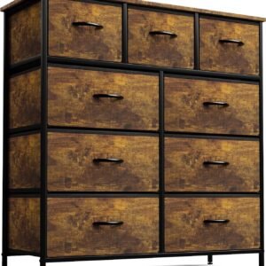 Sorbus Fabric Dresser for Bedroom – Chest of 9 Drawers, Tall Storage Tower, Clothing Organizer, for Closet, for Living Room, Steel Frame, Fabric Bins – Wood Handle (Rustic Wood)