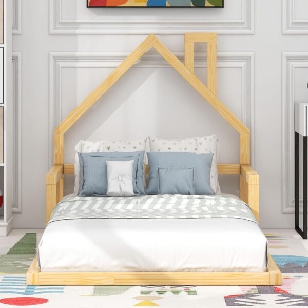 Twin Size Floor Platform House-Shaped Headboard,Solid Wood Bed Frame W/a Chimney,No Box Spring Required,for Bedroom,Apartment,Guest Room,Natural - Image 4