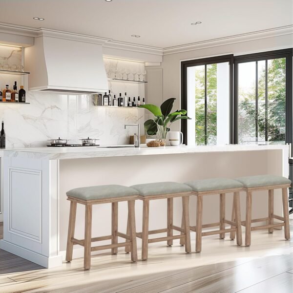 MAISON ARTS Counter Height 24 inch Bar Stools Set of 4 for Kitchen Counter Solid Wood Legs with Faux Leather Padded Seat Farmhouse Barstools for 34"-38" Counter Island Upholstered Stools, Grey + Wood