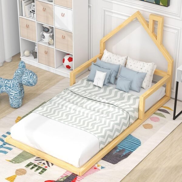 Twin Size Floor Platform House-Shaped Headboard,Solid Wood Bed Frame W/a Chimney,No Box Spring Required,for Bedroom,Apartment,Guest Room,Natural - Image 3