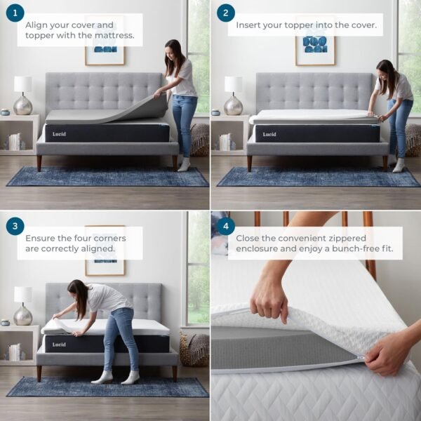 Lucid 4 Inch Bamboo Charcoal Topper and Lucid Zippered Enclosure Mattress Topper Cover, Twin XL - Image 2