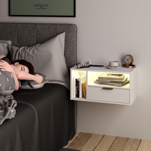 White Floating Nightstand with Charging Station and LED Lights,White - Image 2