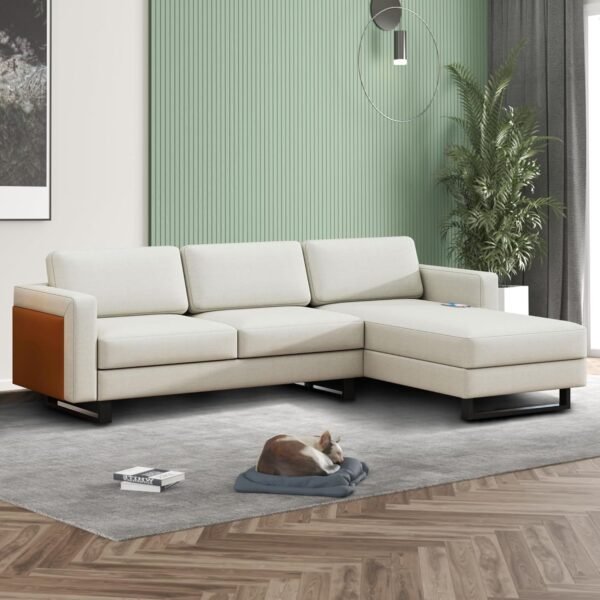 KYLE & KAY Modern Sectional Sofa, 3 Seat L Shaped Couch with Chaise Longue and USB, Upholstered Small Couch for Small Apartments, Living Room and Office, Off-White - Image 7