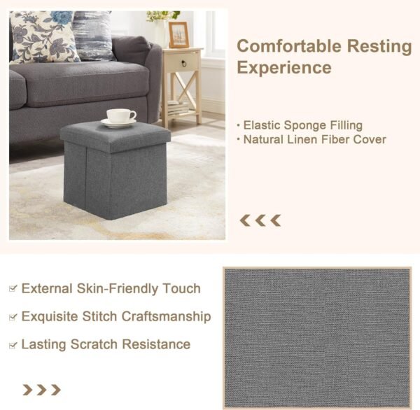 VECELO Storage Ottoman, 11.8'' Folding Footstools, Multipurpose Foot Rest Stool, Foldable Linen Fabric Ottomans, Small Square Ottoman Cube for Living Room/Bed Room/Dorm, Dark Grey - Image 4