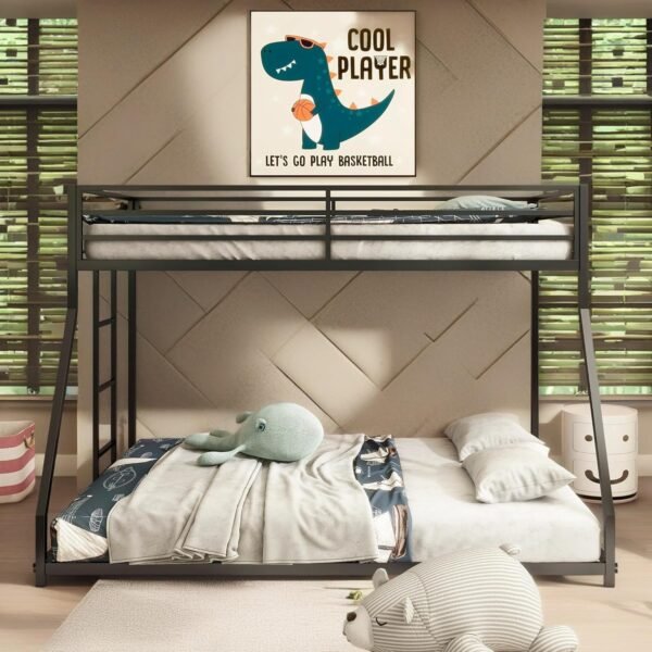 ROOMTEC Twin Over Full Metal Bunk Beds Frame with Stairs & Full-Length Guardrail for Bedroom, Space-Saving, No Box Spring Needed, Firm, Stable, Easy to Climb, Black - Image 4