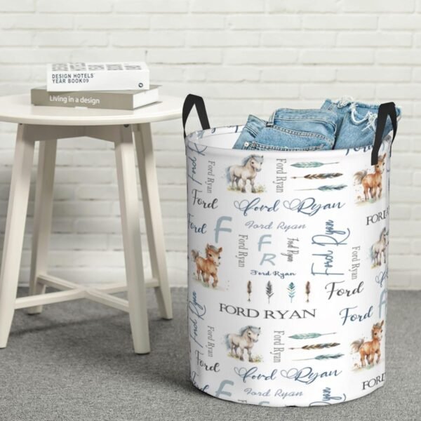 Personalized Horse Nursery Baby Hamper with Name Round Laundry Hamper Basket Baby Nursery Hamper Custom Organizers Collapsible Hamper for Boy Girl Baby Gift Baskets - Image 6