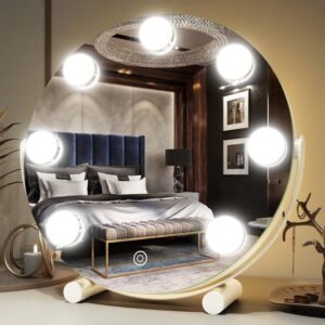 Vierose Vanity Mirror with Lights, Hollywood Mirror with Lights & 7 LED Dimmable Bulbs, 12-inch Makeup Mirror with Smart Touch Control & 3 Color Lighting, 360° Rotation for Bedroom (White)