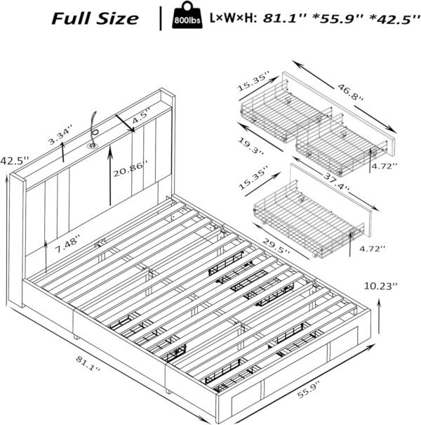 Bed Frame with USB Ports, Upholstered Platform Bed with Drawers, Noise-Free, No Box Spring Needed, Easy Assembly (White,Full, Type A) - Image 2