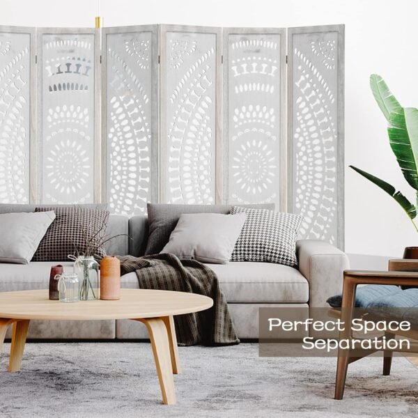 Babion 6 Panel Room Divider, Folding Portable Partition Screen, Carved Wood Folding Room Divider, Modern Bedroom Decoration, 5.6ft Folding Screen-Milky White - Image 2