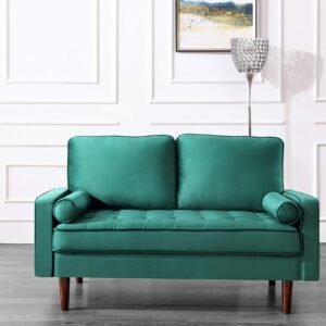 Womble 58 Inch Velvet Loveseat Sofa with Elegant Button Tufted Upholstery, Square Arms, Splayed Wood Legs, Includes Matching Bolster Pillows, Grass Green