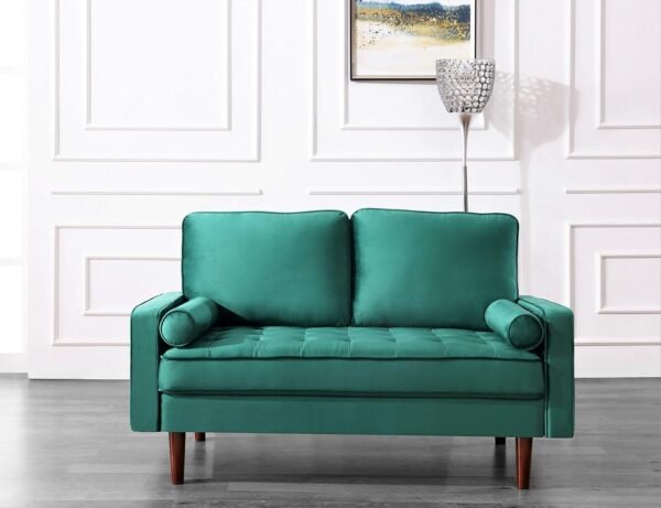 Womble 58 Inch Velvet Loveseat Sofa with Elegant Button Tufted Upholstery, Square Arms, Splayed Wood Legs, Includes Matching Bolster Pillows, Grass Green