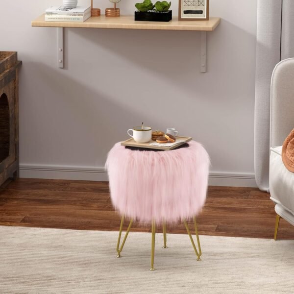 Vanity Stool Chair with Storage, Faux Fur Makeup Room Seat Stool, Soft Padded Seat, Round Footrest Footstools with 4 Metal Legs & Adjustable Footings, Vanity, Bathroom, Bedroom Chairs Pink - Image 6