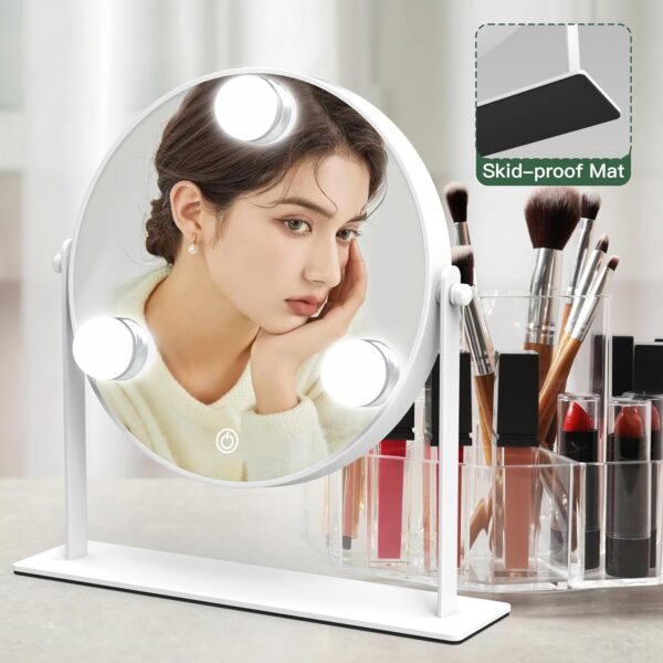 10"x10" Lighted Makeup Mirror, Hollywood Vanity Mirror with 3 Dimmable LED Bulbs, Dimmable Touch Screen, Light up Mirror, Portable Travel Mirror, 360° Rotation, White - Image 6