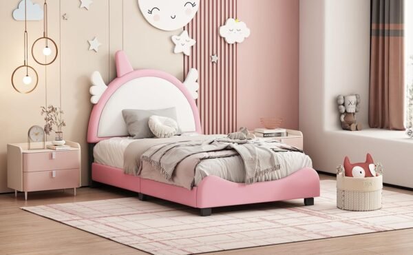 Cute Twin Size Upholstered Bed with Unicorn Shape Headboard,Twin Size Platform Bed with Headboard and Footboard,(Pink 03, Twin) - Image 8