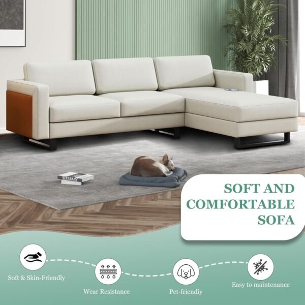 KYLE & KAY Modern Sectional Sofa, 3 Seat L Shaped Couch with Chaise Longue and USB, Upholstered Small Couch for Small Apartments, Living Room and Office, Off-White - Image 5