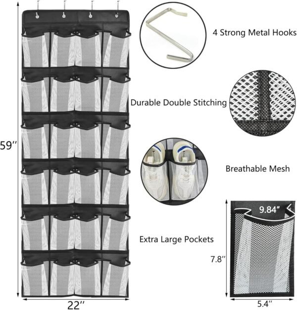 Over The Door Shoe Organizer, 24 Large Pockets Mesh Hanging Shoe Organizer Space Saving Shoe Rack for Door Closet Bedroom Bathroom Dormitories Hanging Shoe Rack Bag for Men Women Kids - Image 4