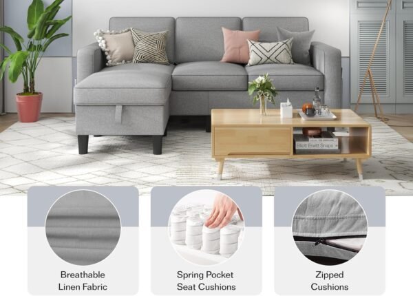 Sectional Couches for Living Room: L Shaped Couch with Storage Ottoman - Gray Sofa 3 Seater Furniture Set Modern Linen Fabric Futon Sleeper Sofas for Apartment Studio Small Space - Image 5