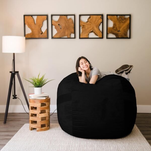 Big Joe Fuf Large Foam Filled Bean Bag Chair with Removable Cover, Black Plush, Soft Polyester, 4 feet Big - Image 3