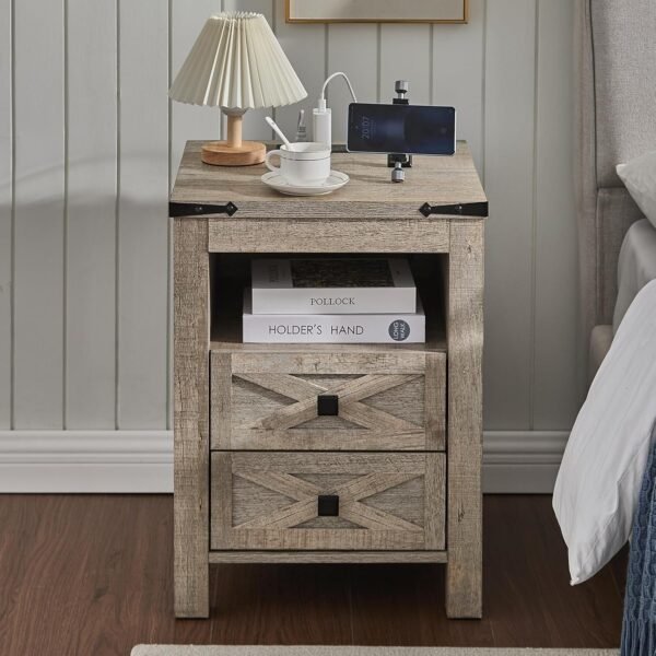 Nightstand with Charging Station, 2 Drawers End Table, 18" Wood Side Table, Farmhouse Bedside Table with Storage Shelf, Bedroom Organizer, Living Room, Entryway, Hallway, Light Rustic Grey Oak - Image 4