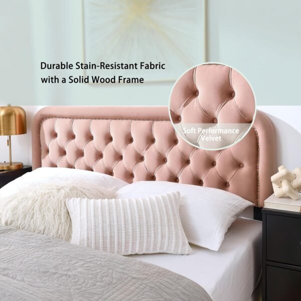 Tufted Upholstered King Size Headboard,Button Solid Wood HeadBoards with Adjustable Height,Modern Performance Velvet Bed Head Boards,Easy Install&Nailhead Decor-Pink - Image 2