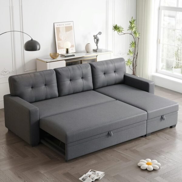 82" Convertible Sectional Sleeper Sofa with Storage Chaise, L Shaped Pull Out Couch Bed with 3 Tufted Back Cushion for Living Room, Apartment,Office,Dark Gray - Image 2