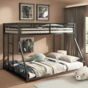ROOMTEC Twin Over Full Metal Bunk Beds Frame with Stairs & Full-Length Guardrail for Bedroom, Space-Saving, No Box Spring Needed, Firm, Stable, Easy to Climb, Black