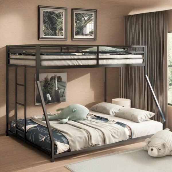 ROOMTEC Twin Over Full Metal Bunk Beds Frame with Stairs & Full-Length Guardrail for Bedroom, Space-Saving, No Box Spring Needed, Firm, Stable, Easy to Climb, Black