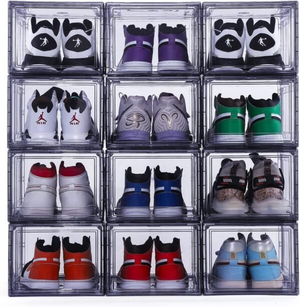 12 Pack Shoe Boxes, Clear Acrylic Plastic Shoe Boxes Stackable, Space-Saving Foldable Drop Front Shoe Storage Boxes Container for With Lids Fits Up to Size 15 (Black)