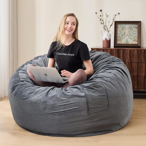 Bean Bag Chair for Adults - BeanBag Chairs with Soft Cover - Furniture Round Fluffy Couch Sofa for Living Room Lounge Bedroom College Dorm - Gifts for Gaming Reading Relaxing 5 Feet, Charcoal - Image 2