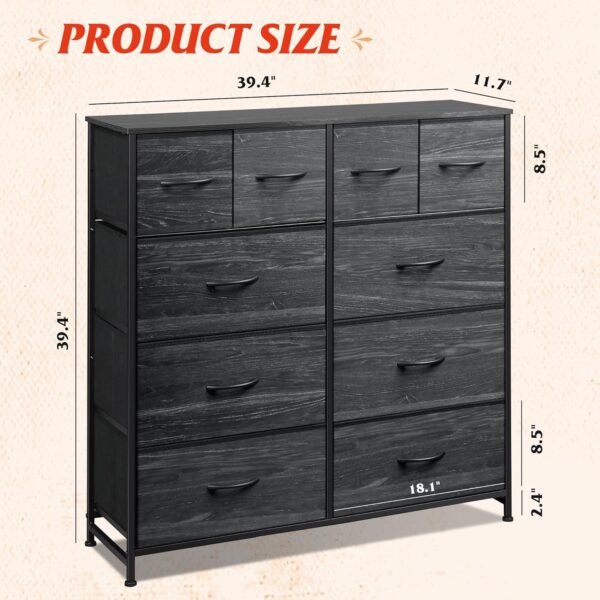 WLIVE Fabric Dresser for Bedroom, Storage Drawer Unit,Dresser with 10 Deep Drawers for Office, College Dorm, Charcoal Black Wood Grain Print - Image 3