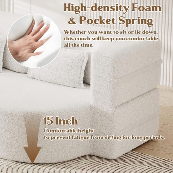 Full Size Folding Sofa Bed, Loveseat Sleeper Couch Floor Sofa Bed with 2 Pillows, Teddy Fabric Fold-Out Twin Sleeper Sofa & Bed Mattress for Living Room, Apartment, Guest Room, Beige - Image 4