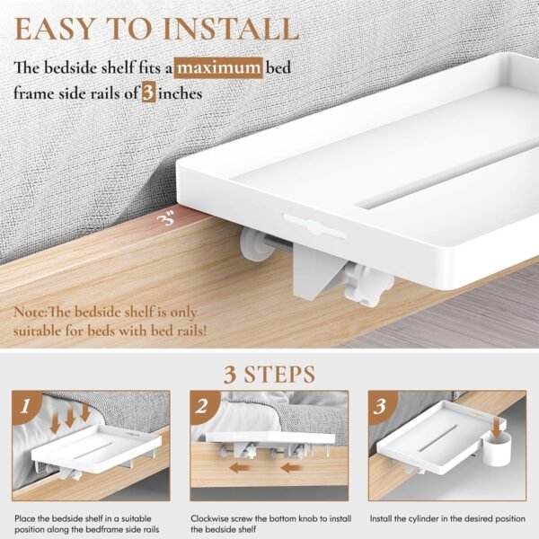 Bedside Shelf for Bunk Bed, College Dorm Room Essentials with Removable Handing Cup & Cable Catch, White Clip on Floating Nightstand for Top Bunk Loft Bed Accessories, Bedside Table Tray for Students - Image 6